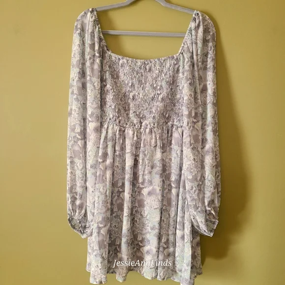 NWT Mittoshop Blue Gray Floral Princess Neckline Boho Midi Dress Size Large - Picture 2 of 15